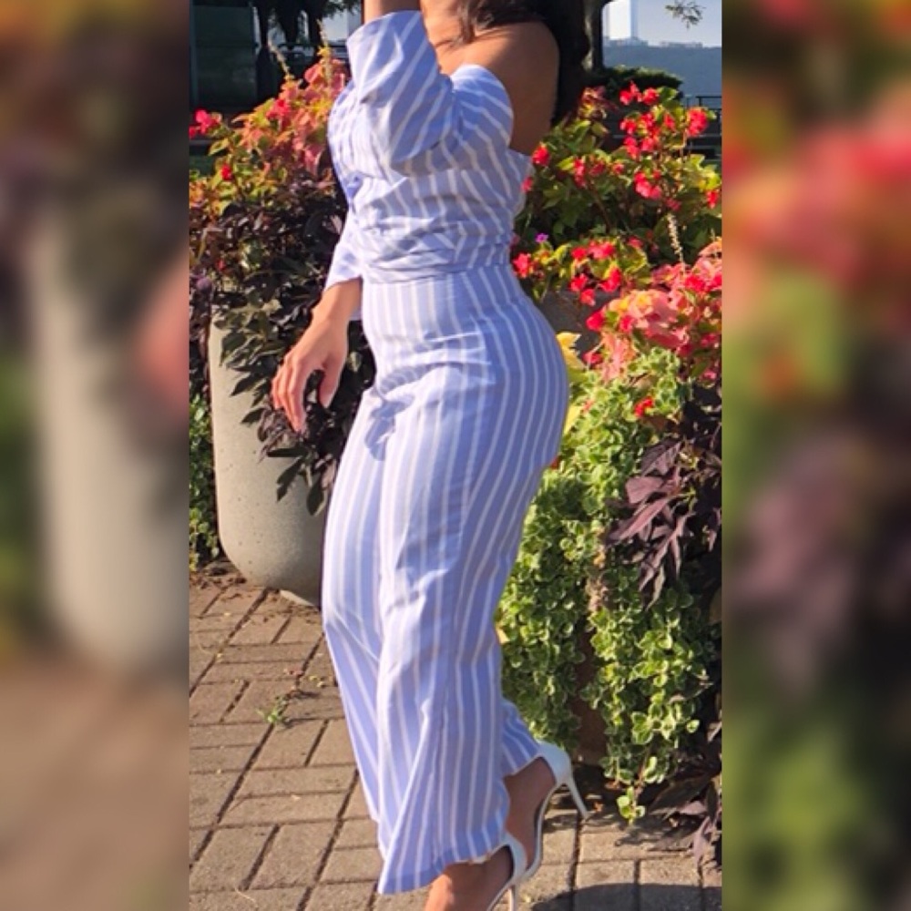 Blue and white striped jump suit